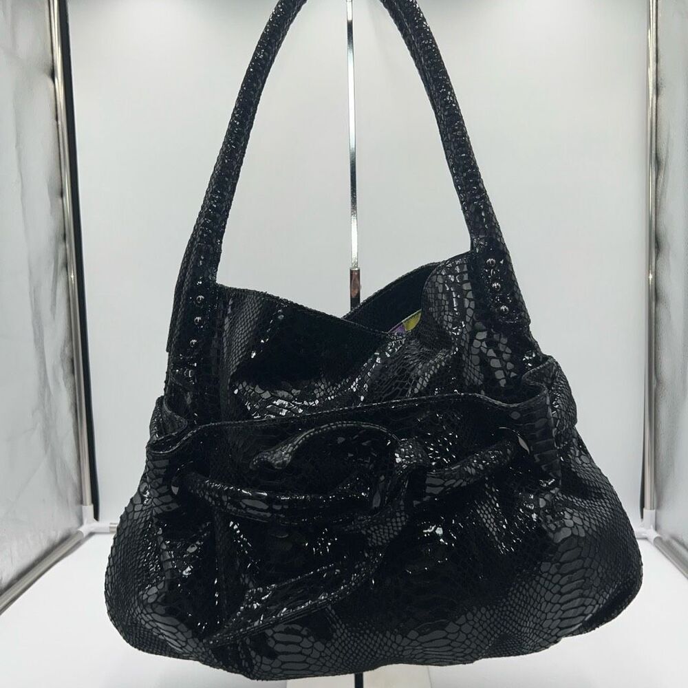 Perlina Studio Black Snakeskin Embossed Slouchy Hobo Shoulder Bag Y2K